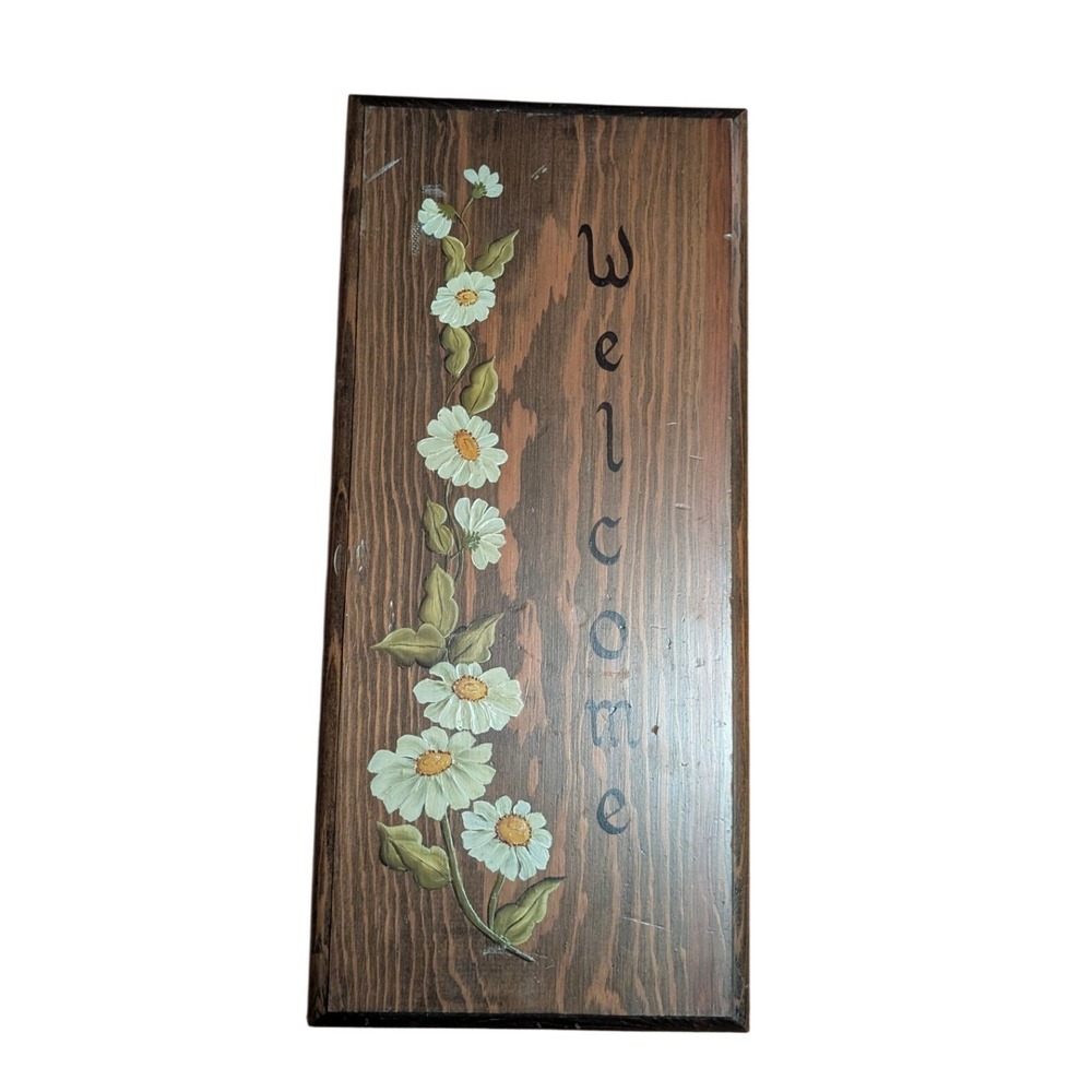 Vintage Wooden Welcome Sign Hand Painted Daisy Floral Wall Plaque Rustic Decor